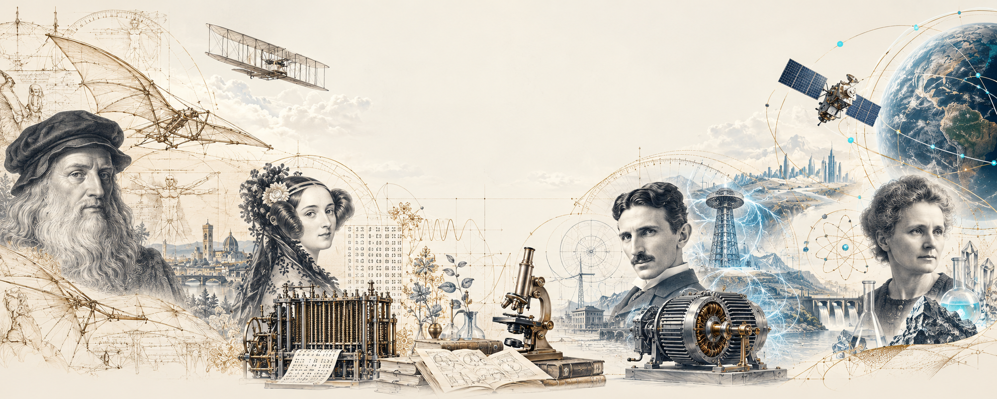 An illustrated history of invention, with Leonardo da Vinci, Ada Lovelace, Nikola Tesla and Marie Curie, engineering sketches and a connected globe.